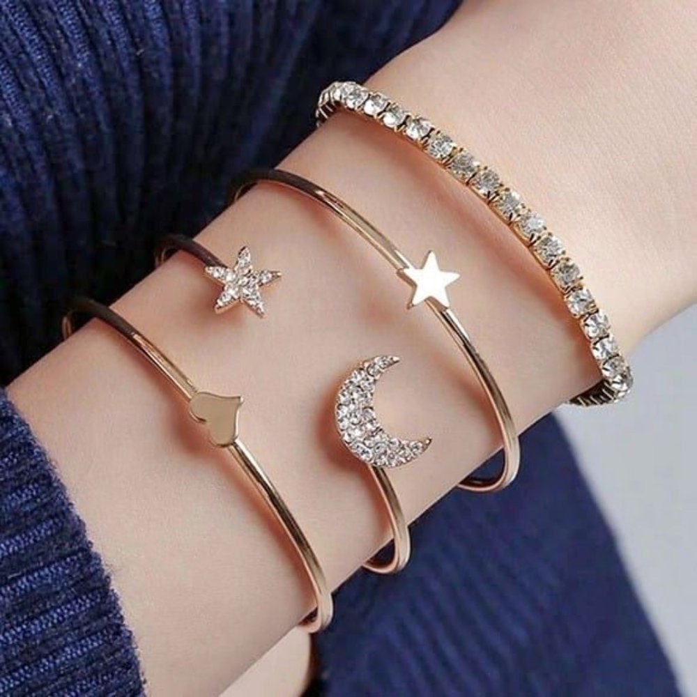 New Gold Heart and Diamond Tennis Stackable Bracelet Set